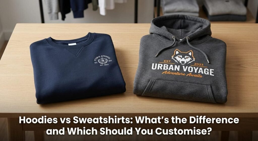 Side-by-side comparison of a custom hoodie and crewneck sweatshirt showing hood, kangaroo pocket, and neckline differences