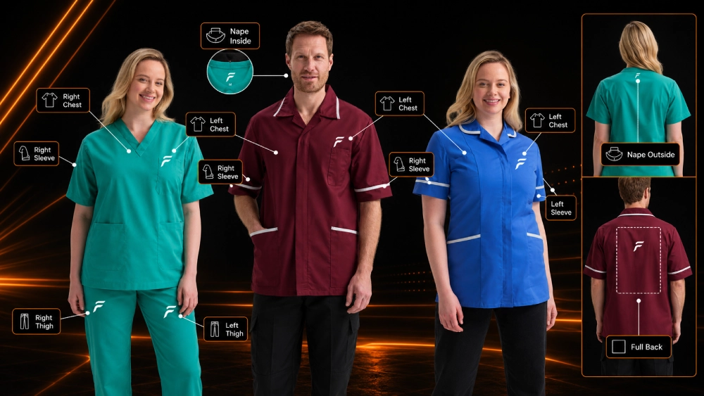personalised healthcare workwear with embroidery or heat transfer