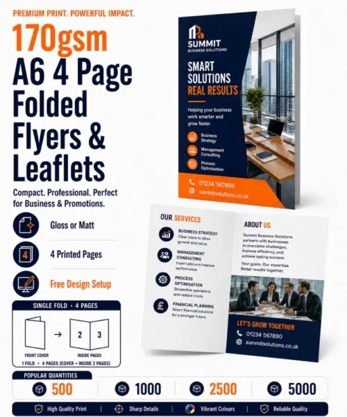170gsm A6 4 page folded flyers and leaflets with free design setup
