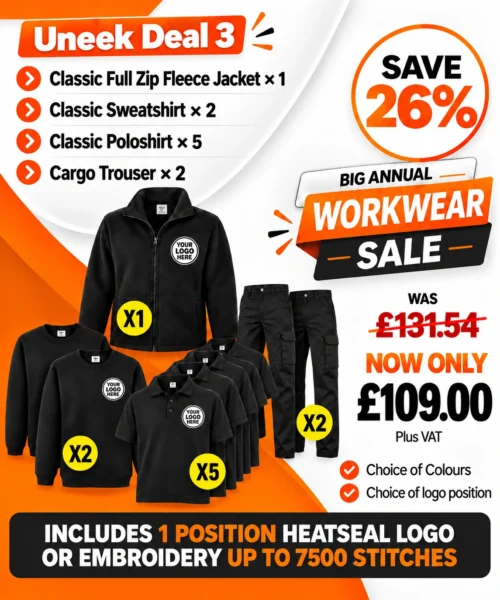 Uneek Deal 3 with fleece jacket, sweatshirts, polo shirts and cargo trousers
