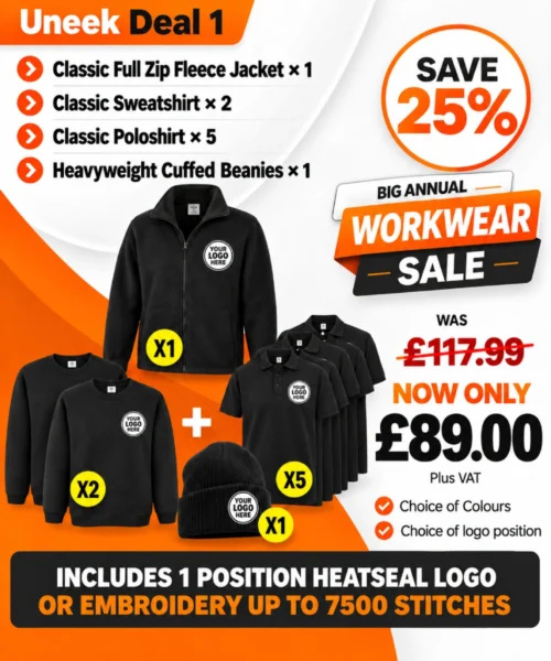Uneek Deal 1 workwear bundle with fleece jacket, sweatshirts, polo shirts and cuffed beanie