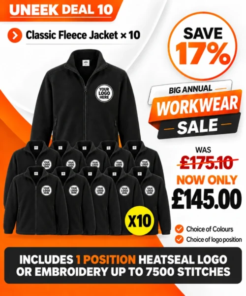 Uneek Deal 10 with ten classic fleece work jackets personalised with logos