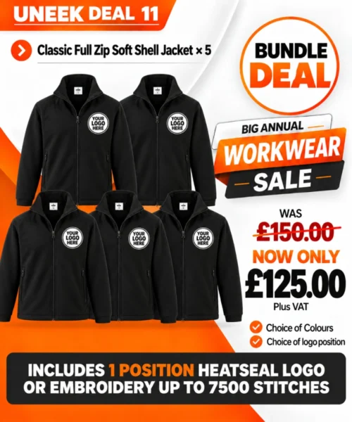 Uneek Deal 11 with five classic full zip softshell jackets with personalised logos