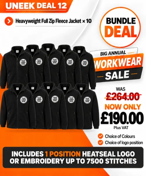 Uneek Deal 12 with ten heavyweight full zip fleece jackets and company logos