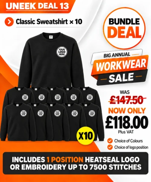 Uneek Deal 13 bundle of ten classic workwear sweatshirts with personalised logos