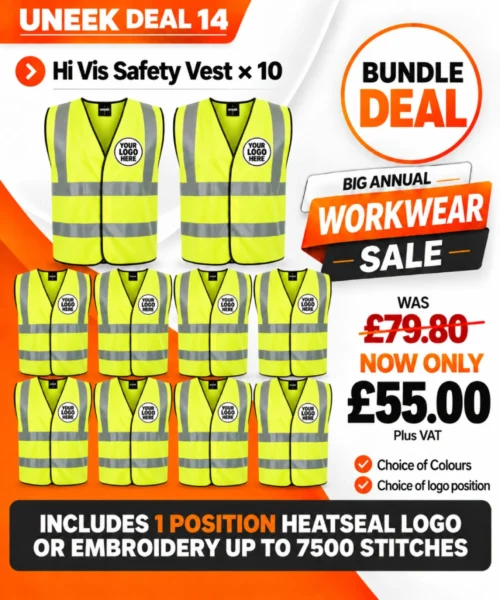Uneek Deal 14 with ten yellow hi vis safety vests personalised with company logos