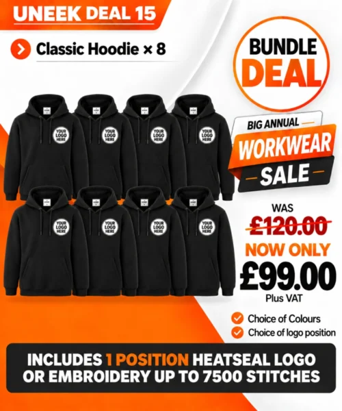 Uneek Deal 15 with eight black classic workwear hoodies personalised with logos
