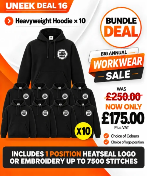 Uneek Deal 16 with ten heavyweight hoodies personalised with company logos