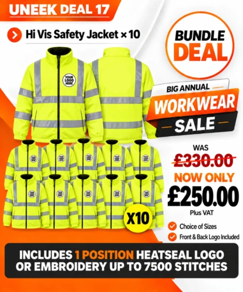 Uneek Deal 17 with ten yellow hi vis safety jackets and front and back company logos