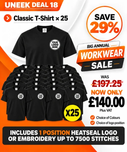Uneek Deal 18 bulk bundle of 25 classic black T-shirts with personalised logos