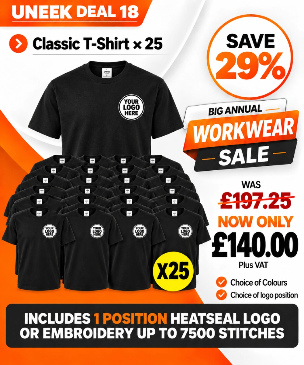 Uneek Deal 18 bulk bundle of 25 classic black T-shirts with personalised logos