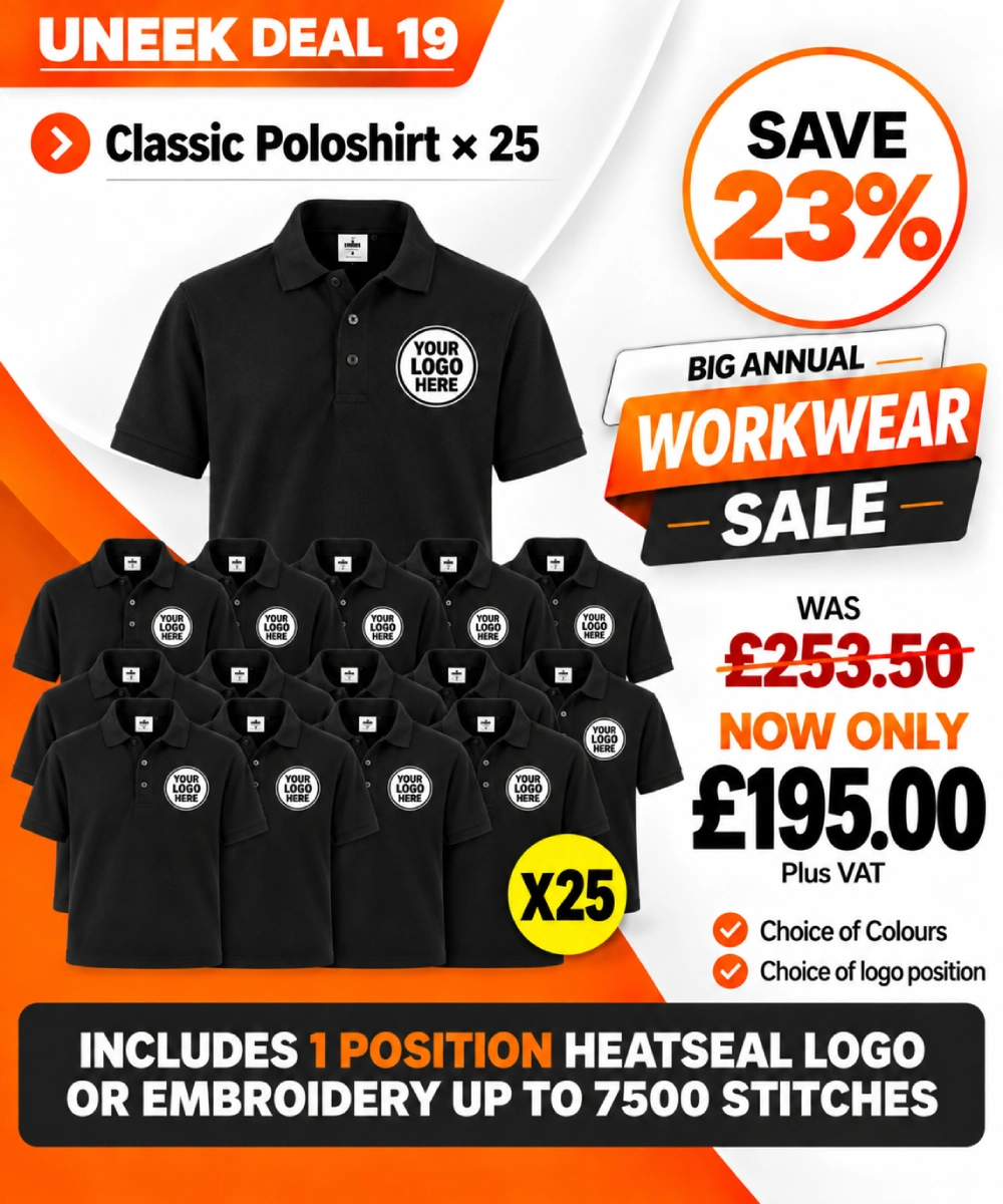 Uneek Deal 19 with 25 classic polo shirts personalised with company logos