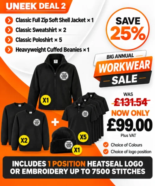 Uneek Deal 2 workwear bundle with softshell jacket, sweatshirts, polo shirts and beanie