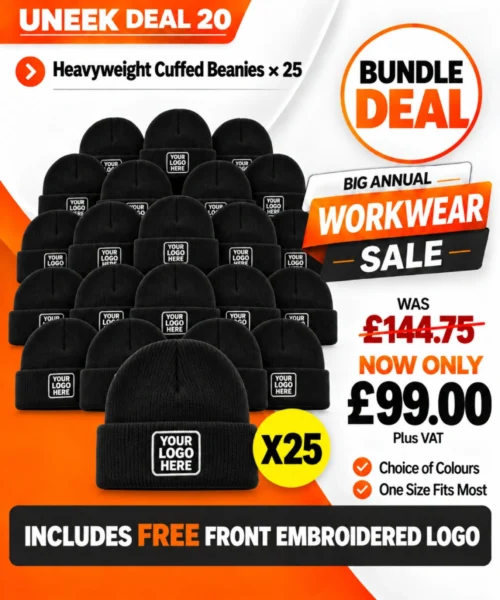 Uneek Deal 20 with 25 heavyweight cuffed beanies embroidered with company logos