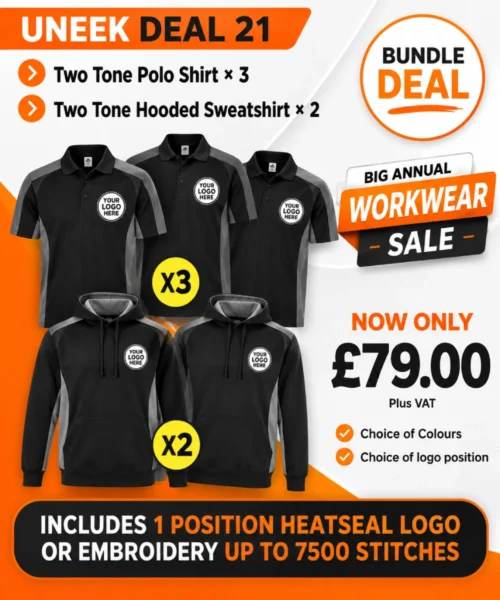 Uneek Deal 21 with three two-tone polo shirts and two branded workwear hoodies