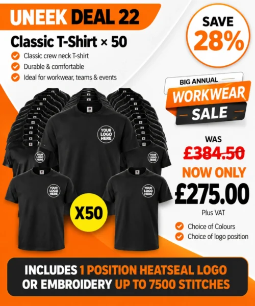 Uneek Deal 22 bulk package of 50 classic T-shirts personalised with company logos