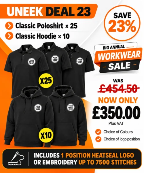 Uneek Deal 23 with 25 classic polo shirts and 10 hoodies personalised with logos