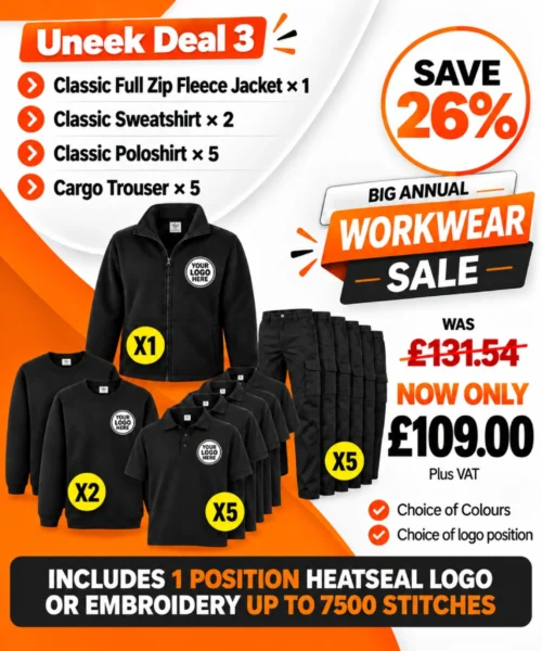 Uneek Deal 3 with fleece jacket, sweatshirts, polo shirts and cargo trousers