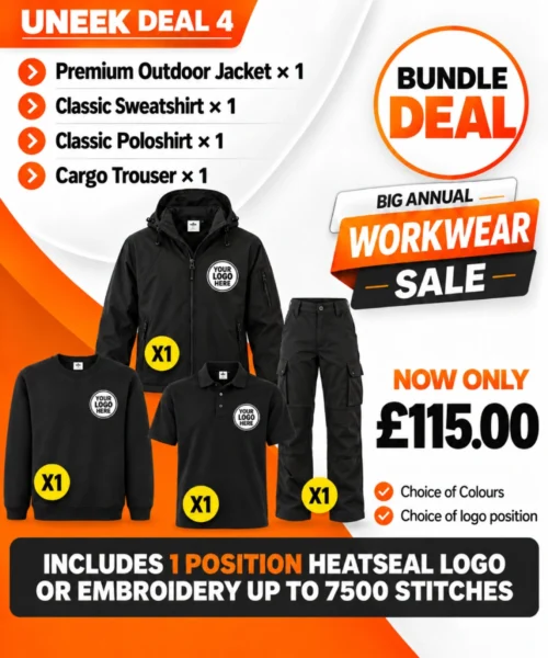 Uneek Deal 4 outdoor workwear bundle with jacket, sweatshirt, polo shirt and cargo trousers