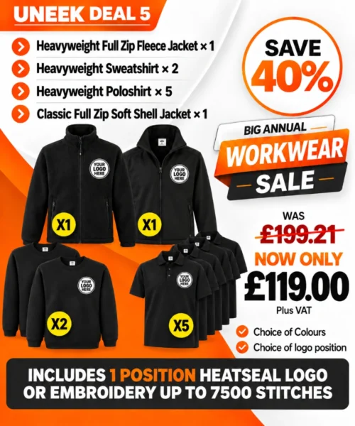 Uneek Deal 5 with heavyweight fleece, sweatshirt, polo shirts and softshell jacket
