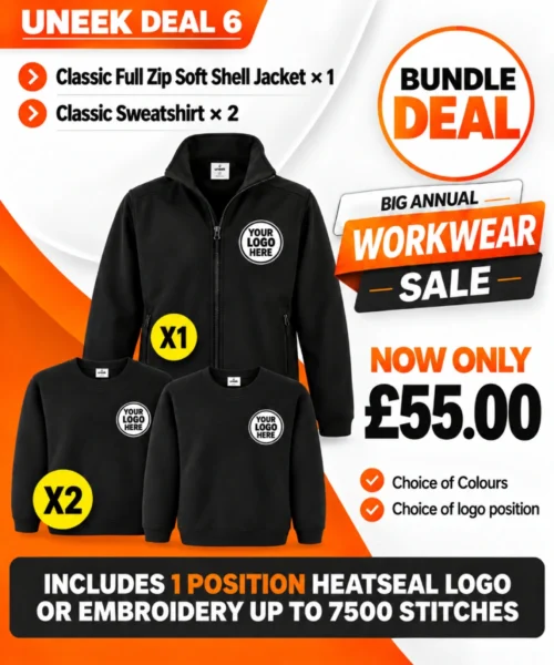 Uneek Deal 6 with one softshell jacket and two classic sweatshirts