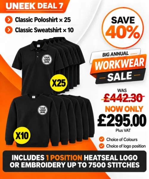 Uneek Deal 7 bulk workwear bundle with 25 polo shirts and 10 sweatshirts