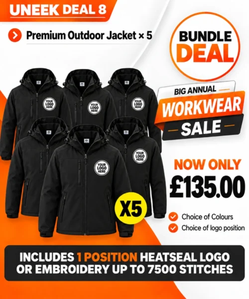 Uneek Deal 8 bundle of five premium outdoor work jackets with logo branding