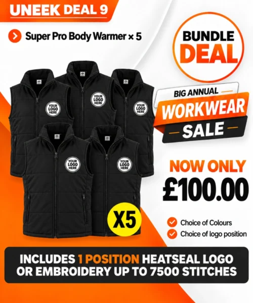 Uneek Deal 9 with five Super Pro body warmers personalised with company logos